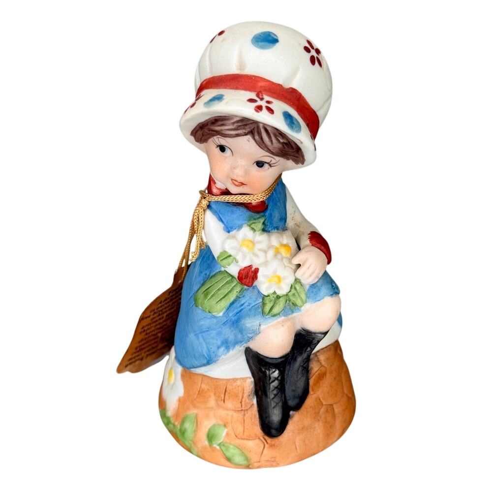 VTG Jasco Adorabelles Little Girl Flowers Kitten Bisque Porcelain Bell 1979 Tag
